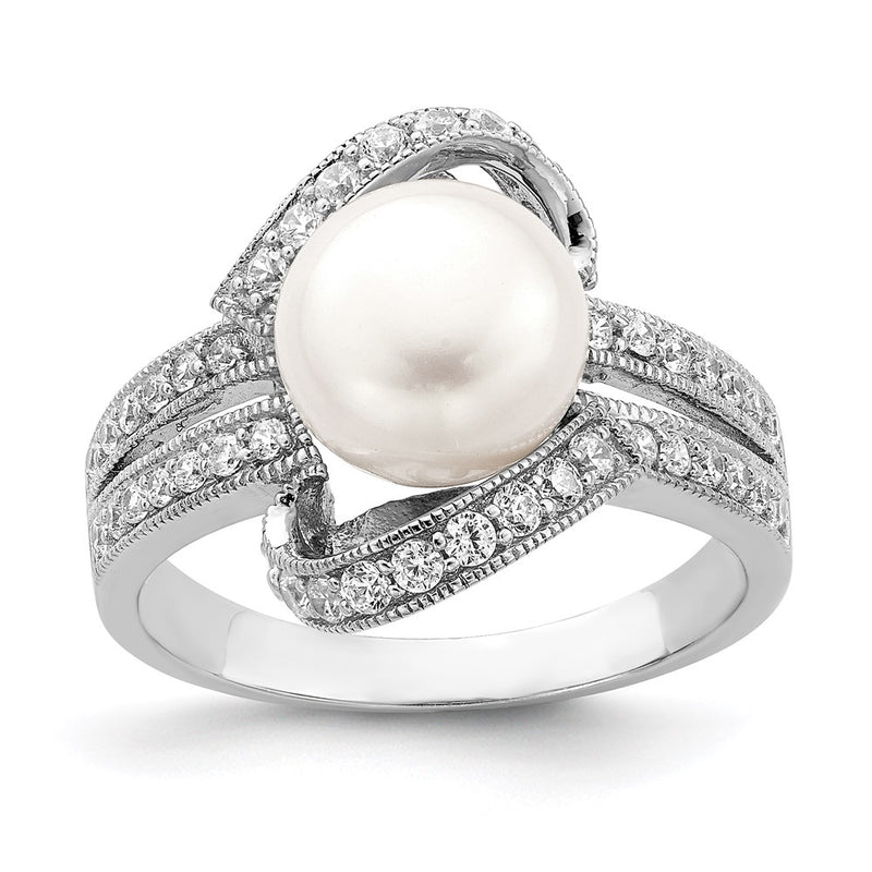 Sterling Silver Rhodium Plated Simulated Pearl And Cz Ring