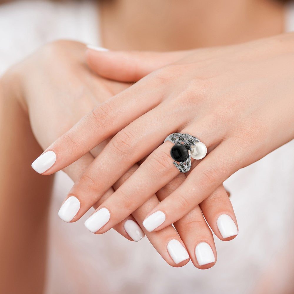 Sterling Silver Rhodium Plated Black And White Plastic Imitation Pearl Marcasite Ring