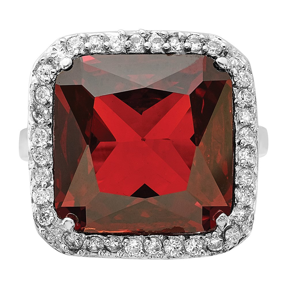 Sterling Silver Polished Red & Clear Cz Square Halo Ring (Size 8 Only)