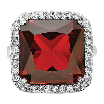 Sterling Silver Polished Red & Clear Cz Square Halo Ring (Size 8 Only)