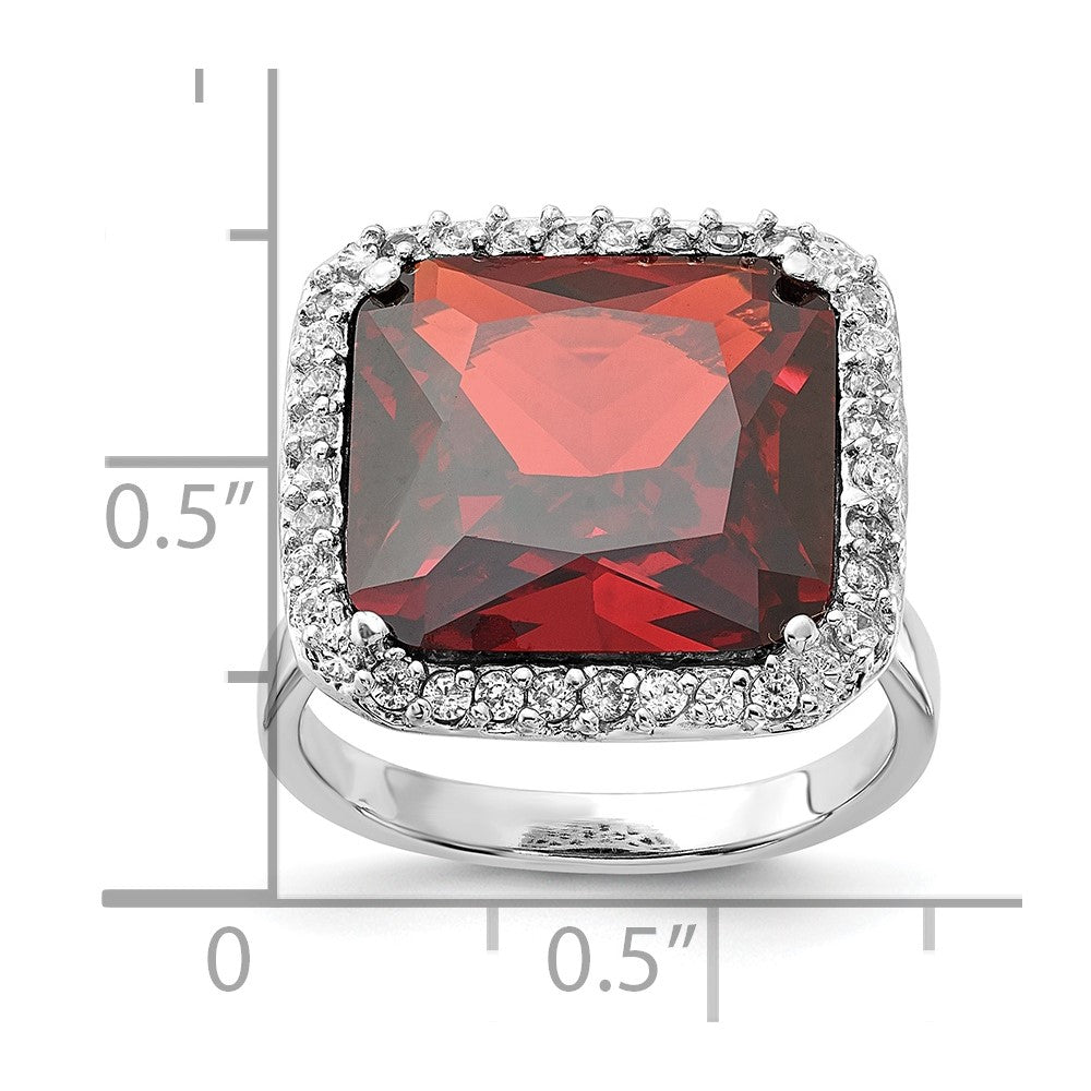 Sterling Silver Polished Red & Clear Cz Square Halo Ring (Size 8 Only)