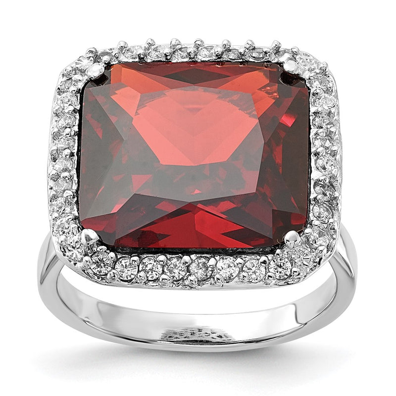 Sterling Silver Polished Red & Clear Cz Square Halo Ring (Size 8 Only)