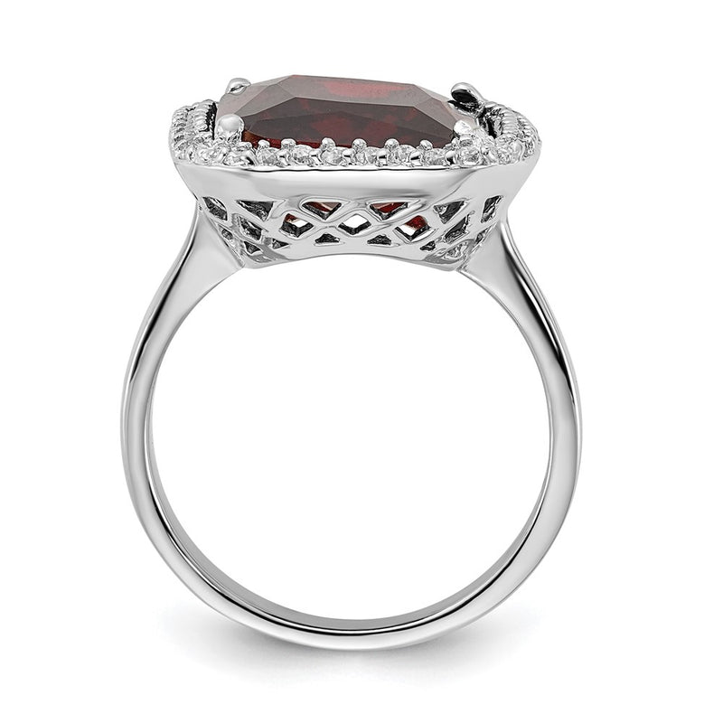 Sterling Silver Polished Red & Clear Cz Rectangle Halo Ring (Size 9 Only)