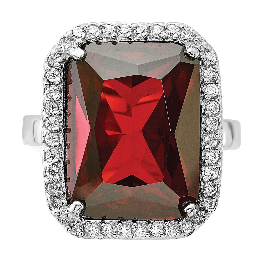 Sterling Silver Polished Red & Clear Cz Rectangle Halo Ring (Size 9 Only)