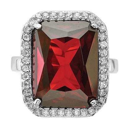 Sterling Silver Polished Red & Clear Cz Rectangle Halo Ring (Size 9 Only)