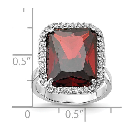 Sterling Silver Polished Red & Clear Cz Rectangle Halo Ring (Size 9 Only)