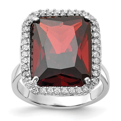 Sterling Silver Polished Red & Clear Cz Rectangle Halo Ring (Size 9 Only)