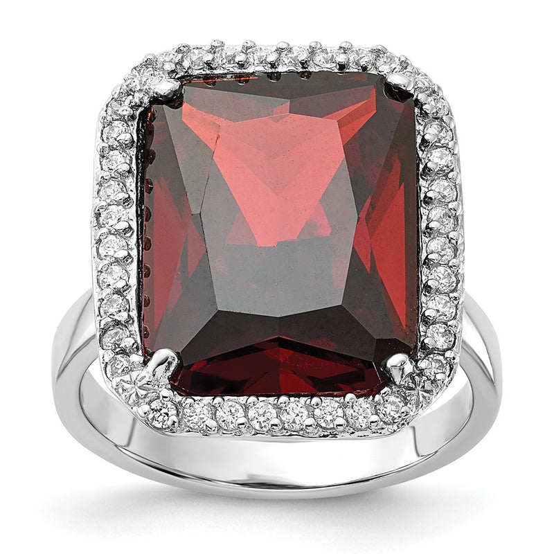 Sterling Silver Polished Red & Clear Cz Rectangle Halo Ring (Size 9 Only)