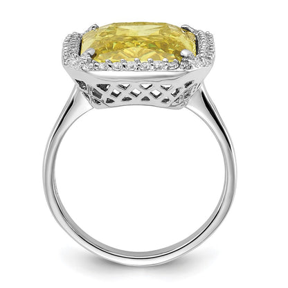 Sterling Silver Polished Light Green & Clear Cz Rectangle Halo Ring