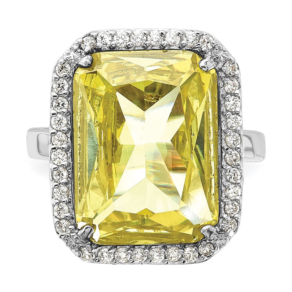 Sterling Silver Polished Light Green & Clear Cz Rectangle Halo Ring
