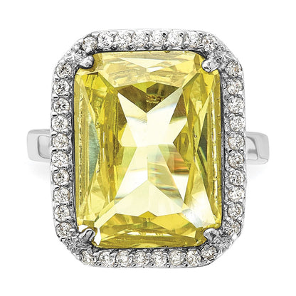 Sterling Silver Polished Light Green & Clear Cz Rectangle Halo Ring