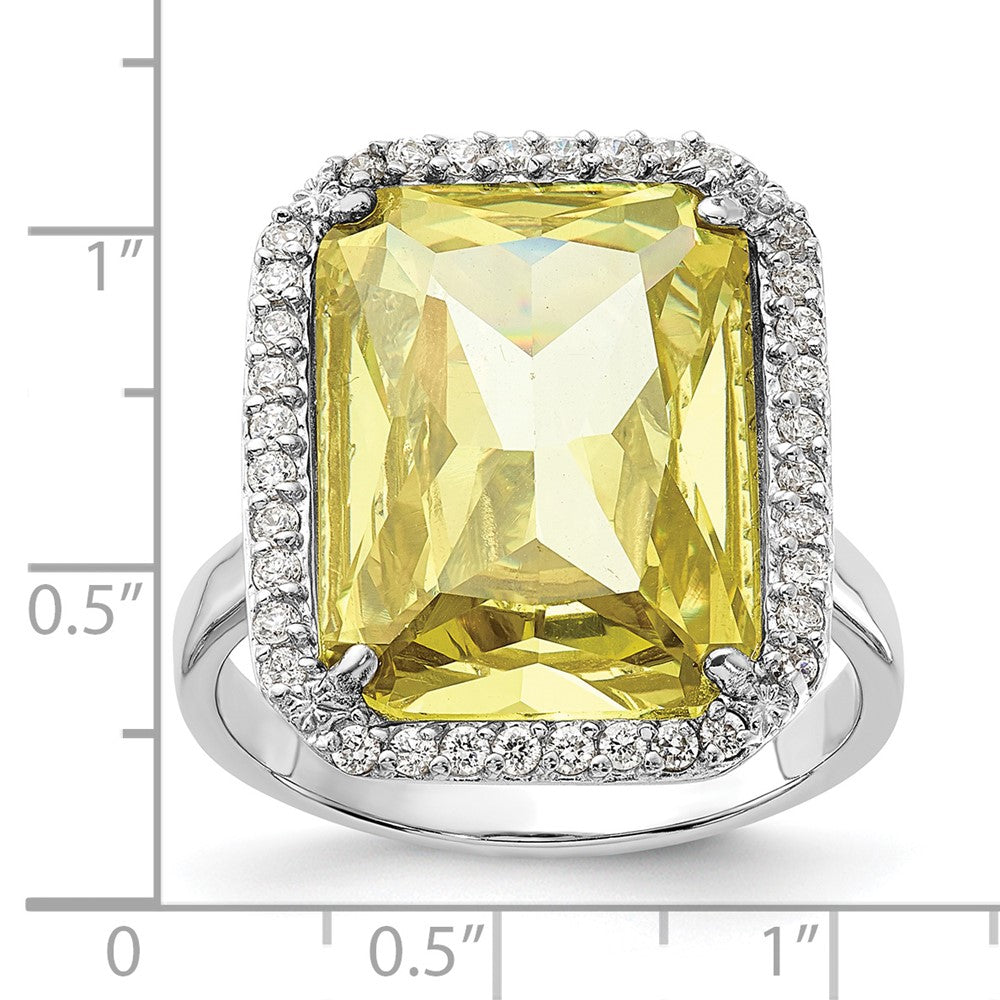 Sterling Silver Polished Light Green & Clear Cz Rectangle Halo Ring