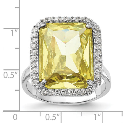 Sterling Silver Polished Light Green & Clear Cz Rectangle Halo Ring