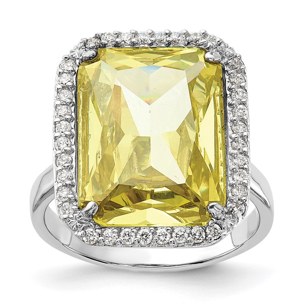 Sterling Silver Polished Light Green & Clear Cz Rectangle Halo Ring