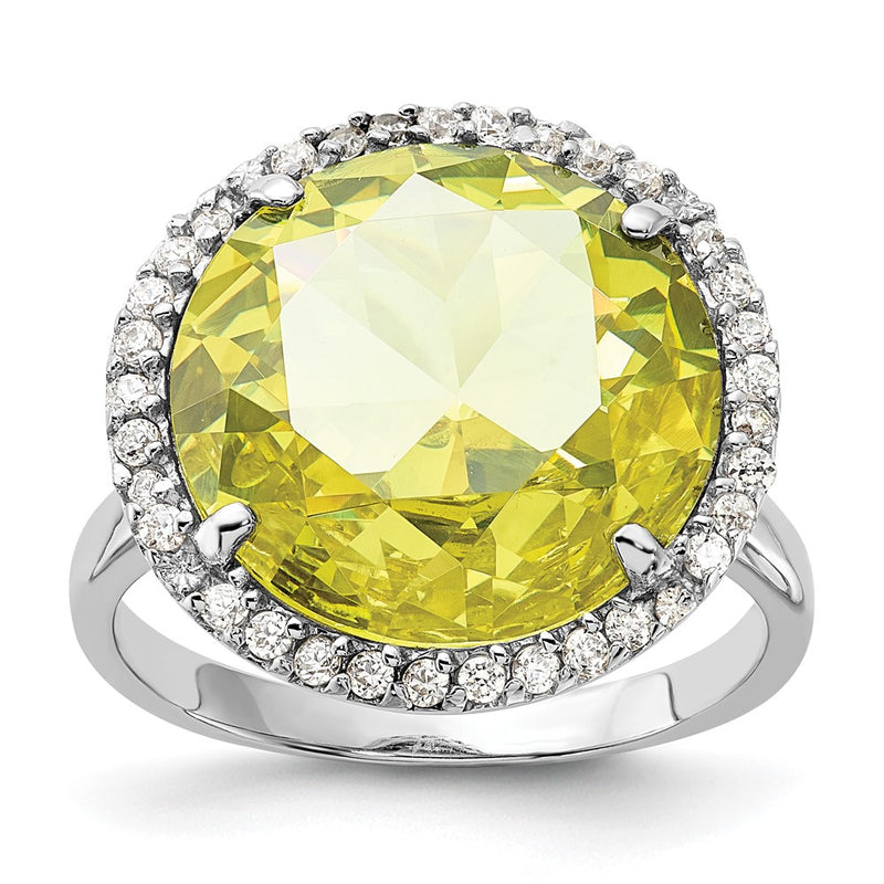Sterling Silver Polished Light Green & Clear Cz Halo Circle Ring (Size 8 Only)
