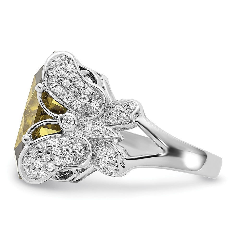 Sterling Silver Polished Green & Clear Cz Butterfly Sides Ring (Size 8 Only)