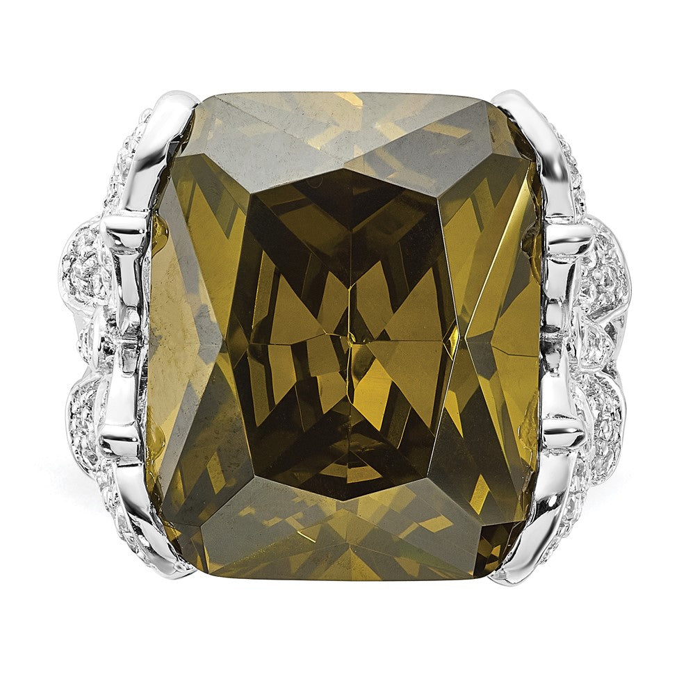 Sterling Silver Polished Green & Clear Cz Butterfly Sides Ring (Size 8 Only)