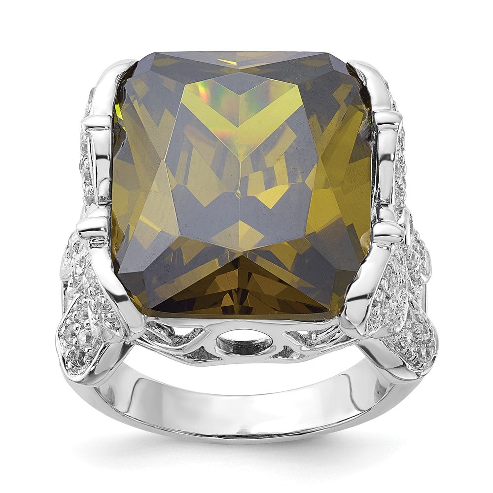 Sterling Silver Polished Green & Clear Cz Butterfly Sides Ring (Size 8 Only)