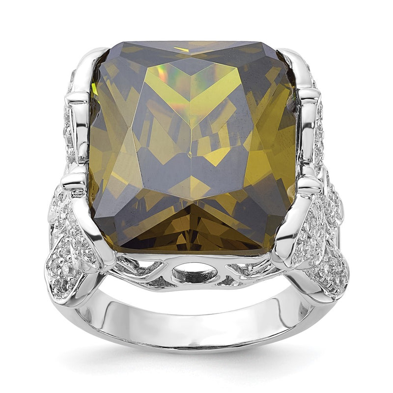 Sterling Silver Polished Green & Clear Cz Butterfly Sides Ring (Size 8 Only)