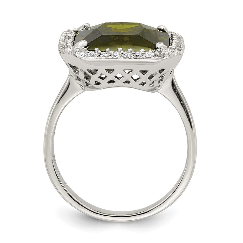 Sterling Silver Rectangle Clear & Green Cz Ring (Size 8 Only)
