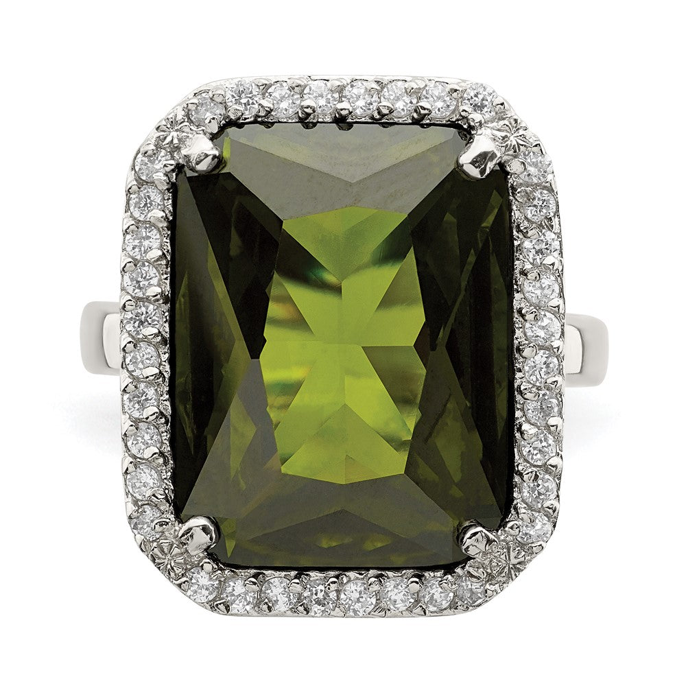 Sterling Silver Rectangle Clear & Green Cz Ring (Size 8 Only)