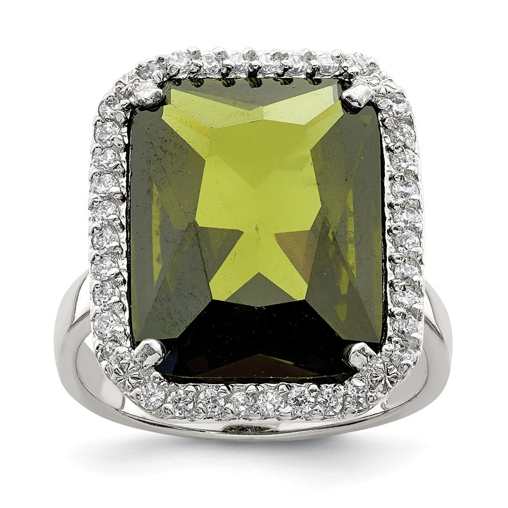 Sterling Silver Rectangle Clear & Green Cz Ring (Size 8 Only)