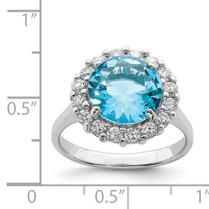 Sterling Silver Rhodium Plated Blue & Clear Cz Ring