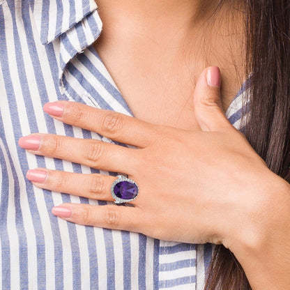 Sterling Silver Rhodium Plated Purple & Clear Cz Ring (Size 8 Only)