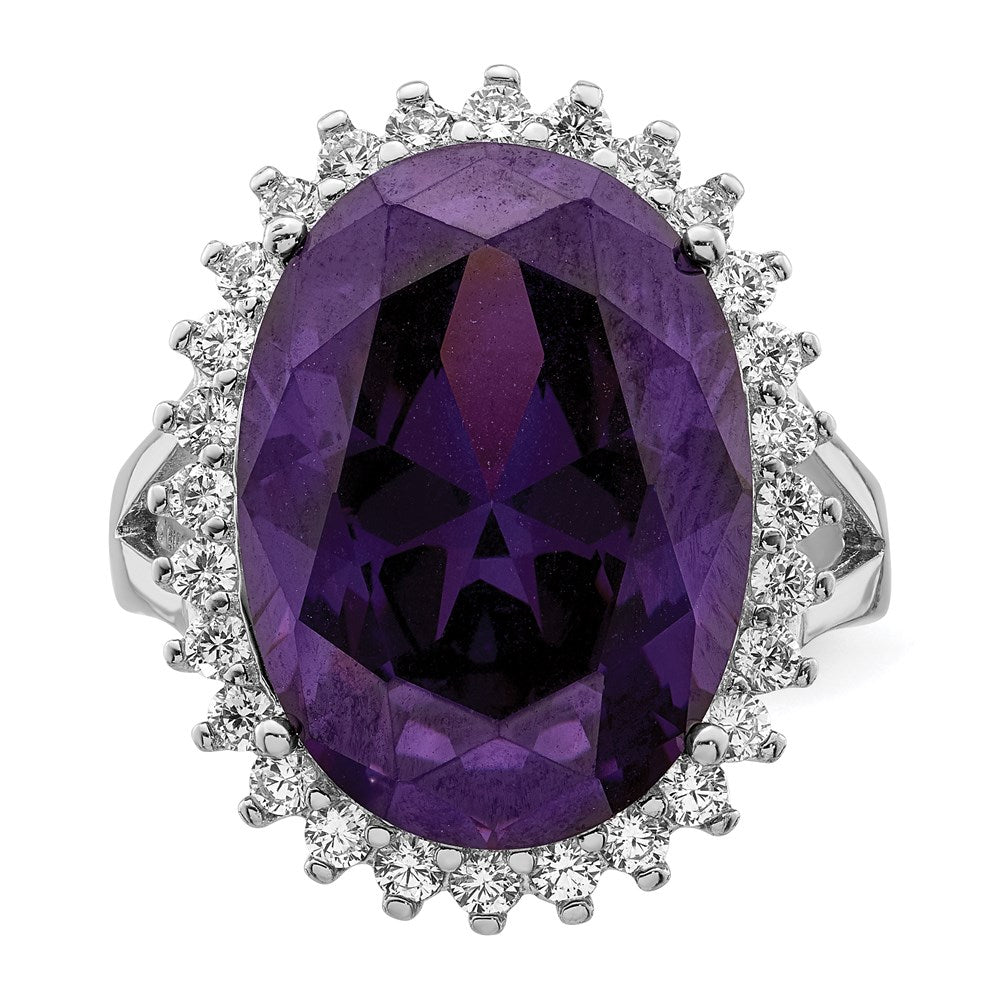 Sterling Silver Rhodium Plated Purple & Clear Cz Ring (Size 8 Only)