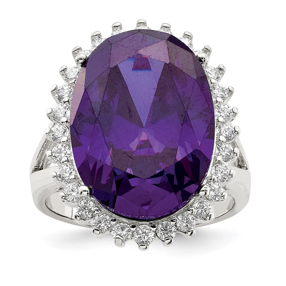 Sterling Silver Rhodium Plated Purple & Clear Cz Ring (Size 8 Only)