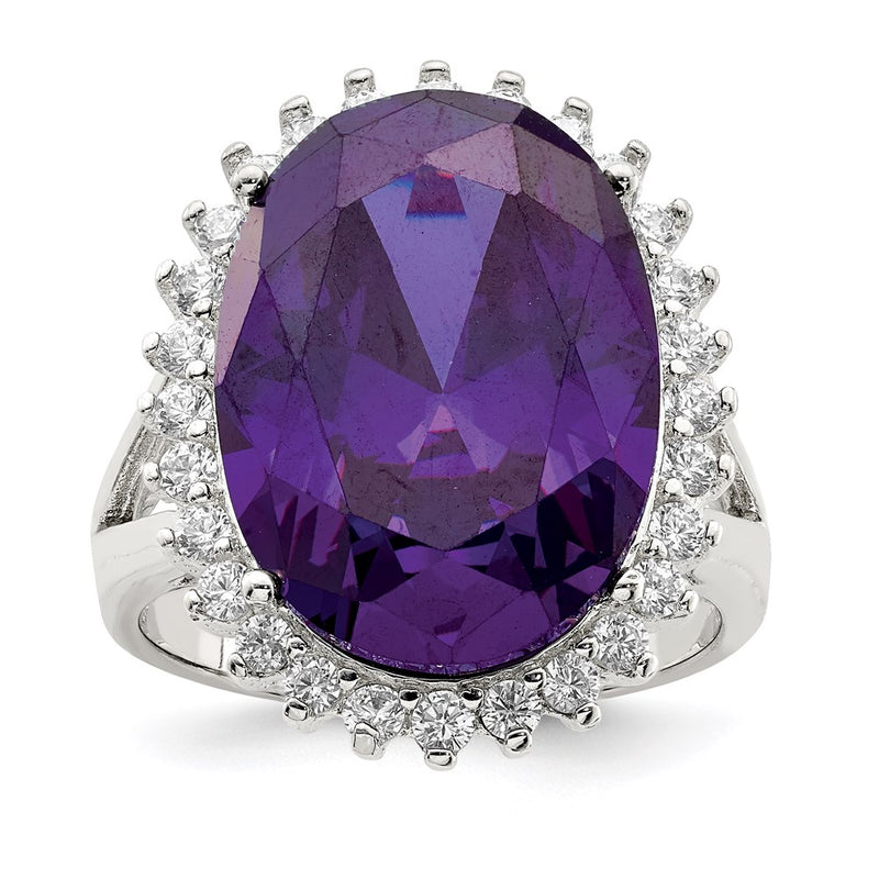 Sterling Silver Rhodium Plated Purple & Clear Cz Ring (Size 8 Only)