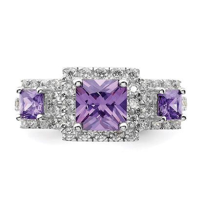 Sterling Silver Rhodium Plated Purple Square Cz Ring