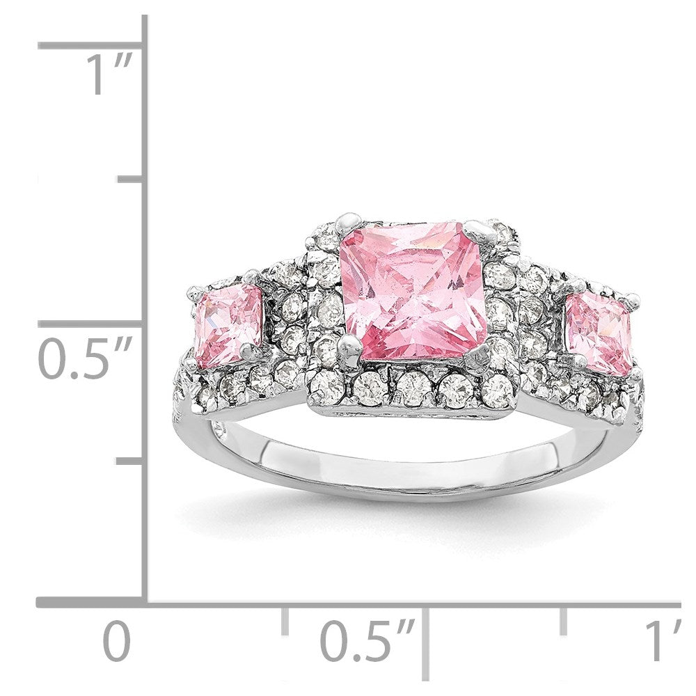 Sterling Silver Rhodium Plated Pink Square Cz Ring