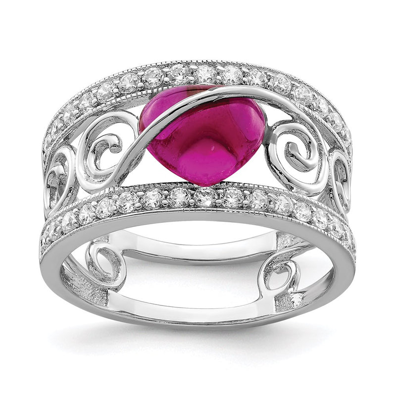 Sterling Silver Rhodium Plated Red Heart Cz & Clear Ring (Size 7 Only)