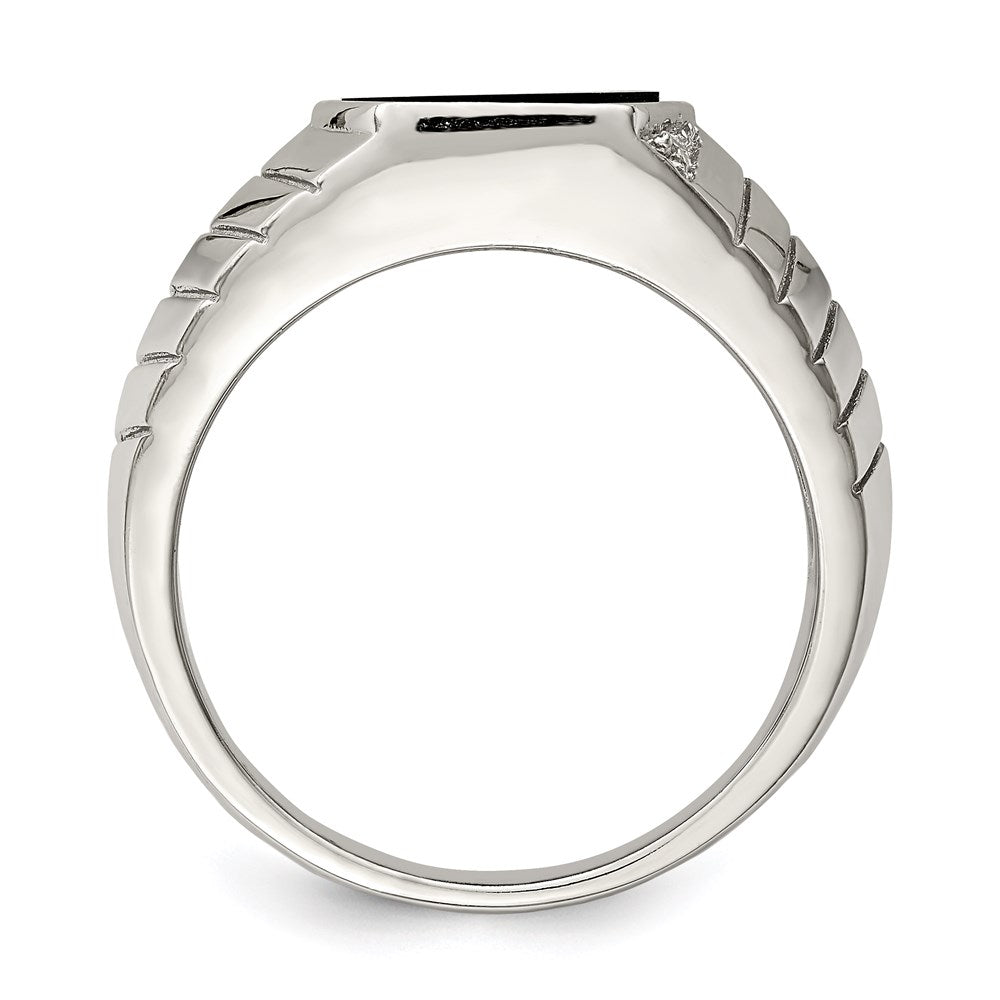 Sterling Silver Rhodium Plated Men'S Cz & Onyx Ring
