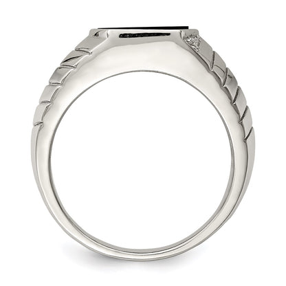 Sterling Silver Rhodium Plated Men'S Cz & Onyx Ring