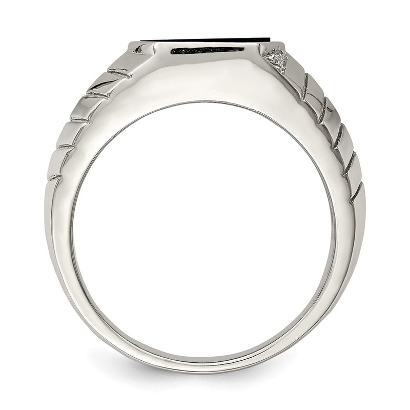 Sterling Silver Rhodium Plated Men'S Cz & Onyx Ring
