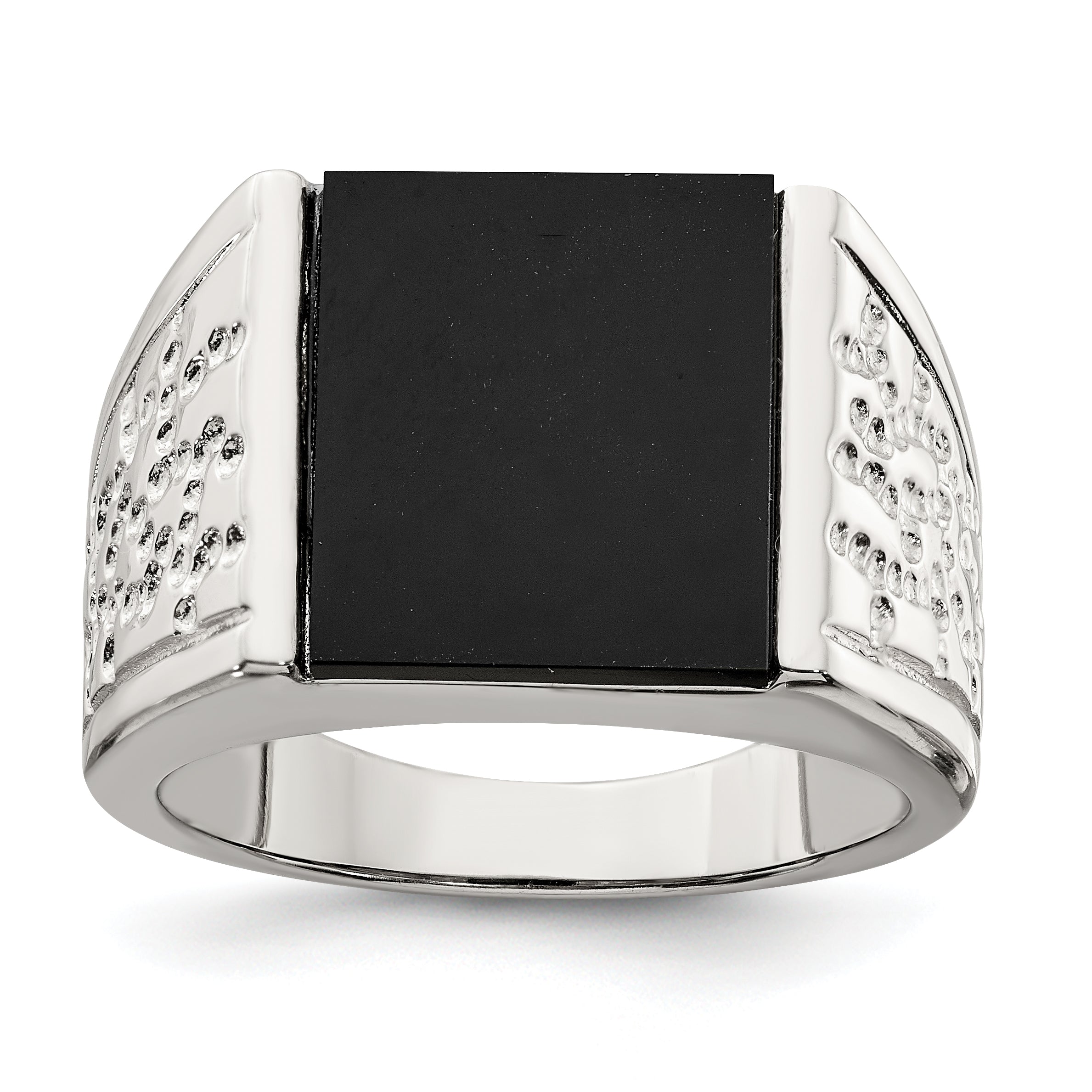 Sterling Silver Rhodium Plated Men'S Onyx Ring
