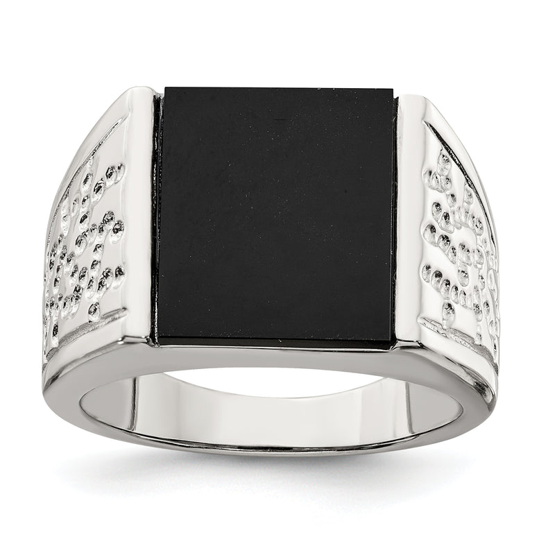 Sterling Silver Rhodium Plated Men'S Onyx Ring