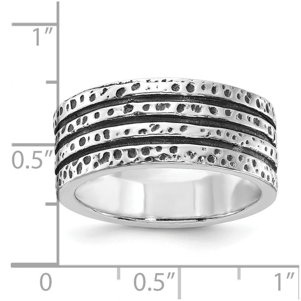 Sterling Silver Polished & Antiqued Spotted Grooved Ring (Size 9 Only)