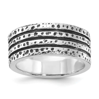 Sterling Silver Polished & Antiqued Spotted Grooved Ring (Size 9 Only)