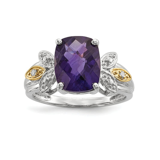 Sterling Silver & 14K Amethyst And Diamond Ring (Size 7 Only)