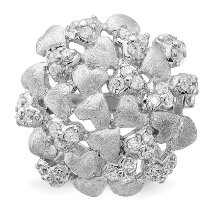 Sterling Silver Satin & Cz Hearts Ring