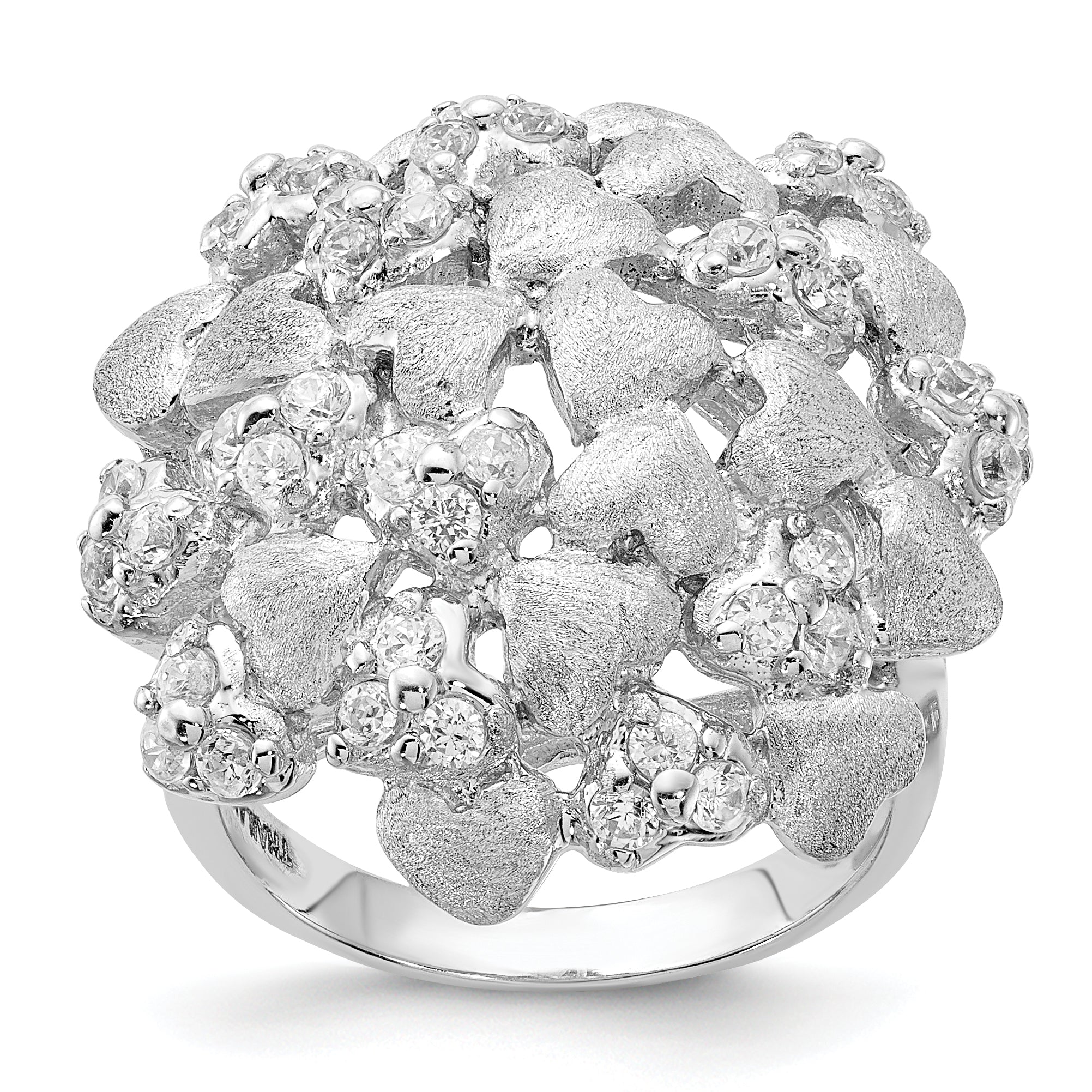 Sterling Silver Satin & Cz Hearts Ring