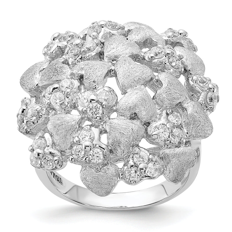 Sterling Silver Satin & Cz Hearts Ring