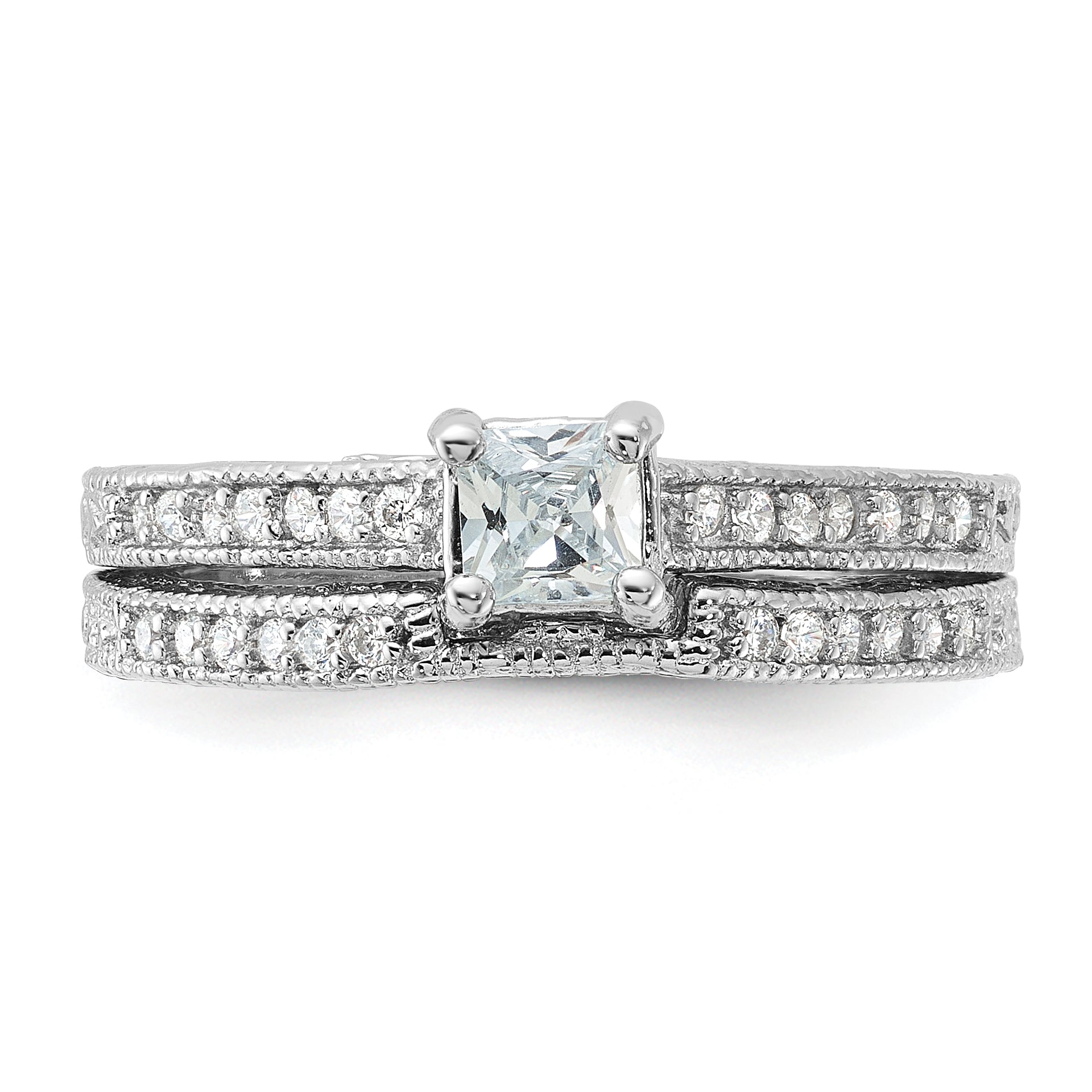 Sterling Silver Rhodium Plated 2 Piece Cz Wedding Set Ring (Size 6 Only)
