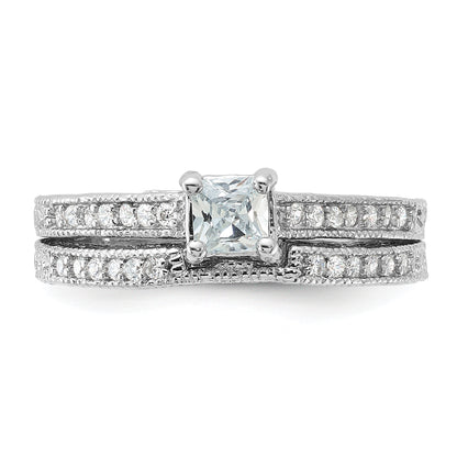 Sterling Silver Rhodium Plated 2 Piece Cz Wedding Set Ring (Size 6 Only)