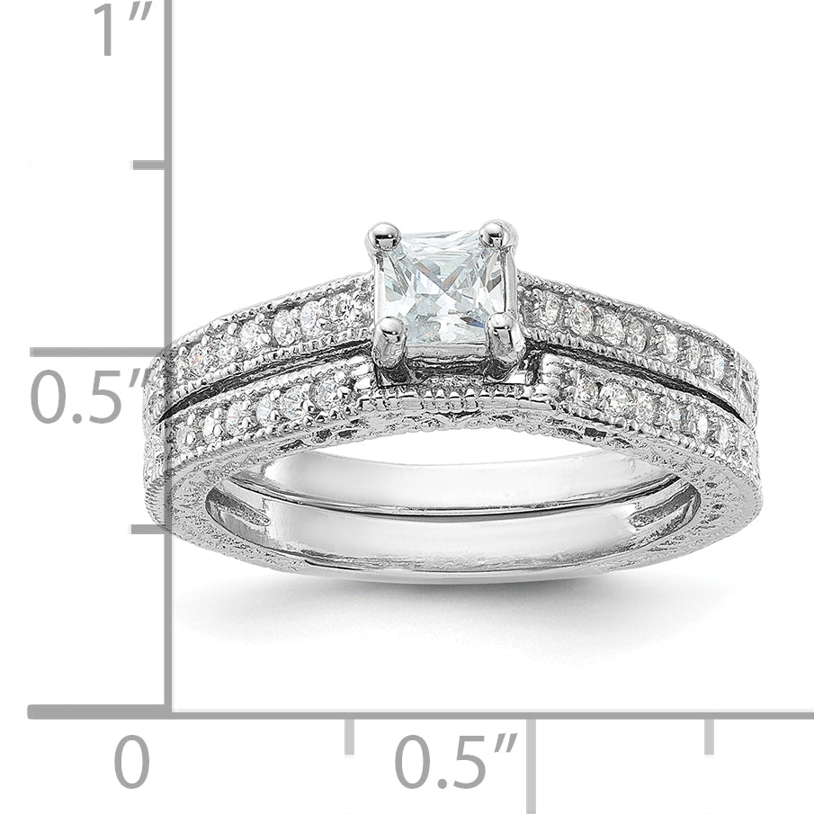 Sterling Silver Rhodium Plated 2 Piece Cz Wedding Set Ring (Size 6 Only)