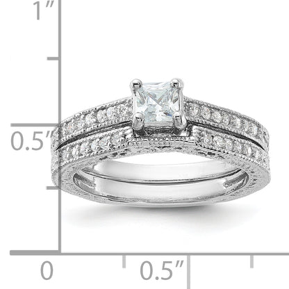 Sterling Silver Rhodium Plated 2 Piece Cz Wedding Set Ring (Size 6 Only)