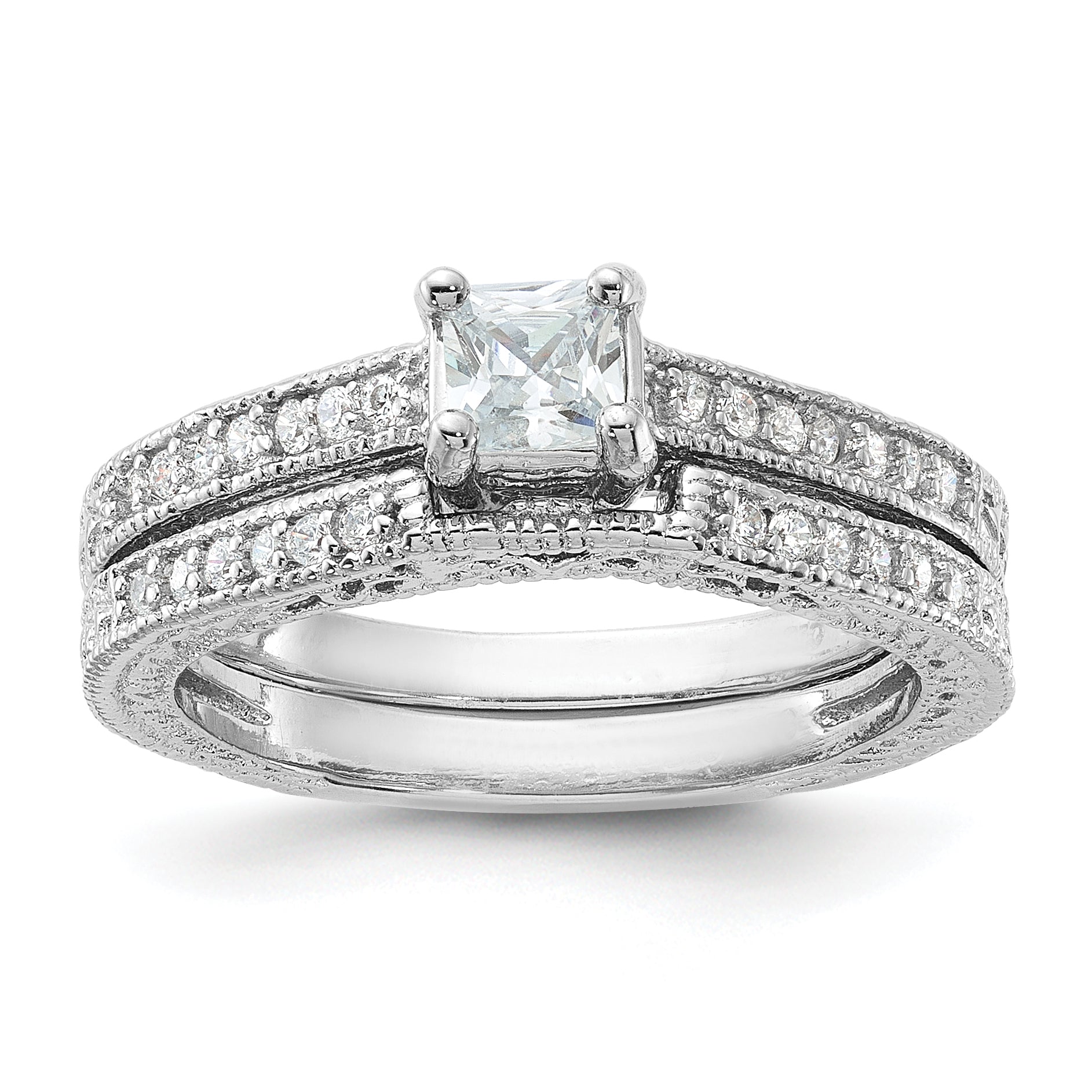 Sterling Silver Rhodium Plated 2 Piece Cz Wedding Set Ring (Size 6 Only)